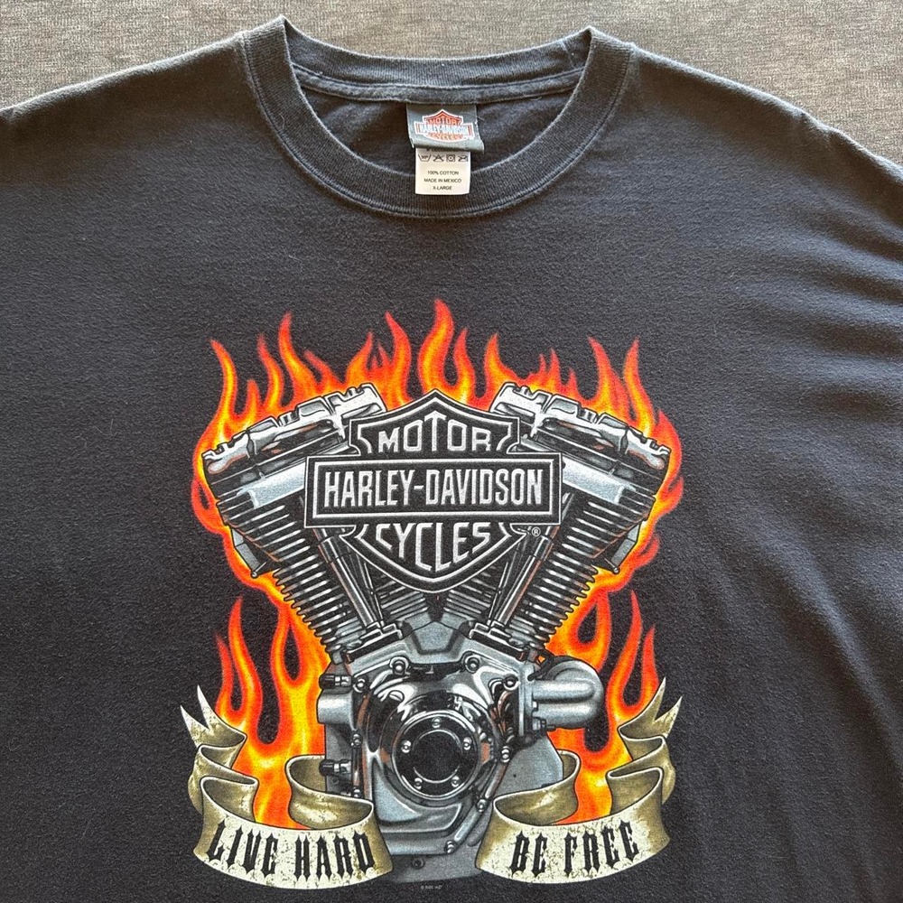 Vintage Harley Davidson T Shirt Mens XL Black Flame Engine Live Hard Moore OK
